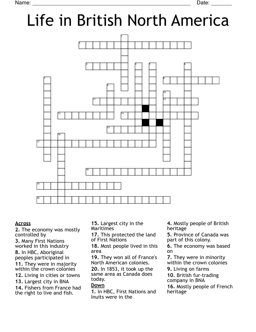 Life in British North America Crossword