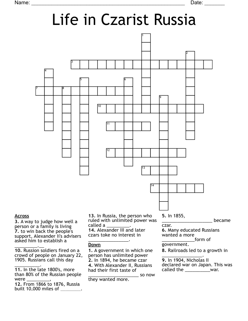 Life in Czarist Russia Crossword