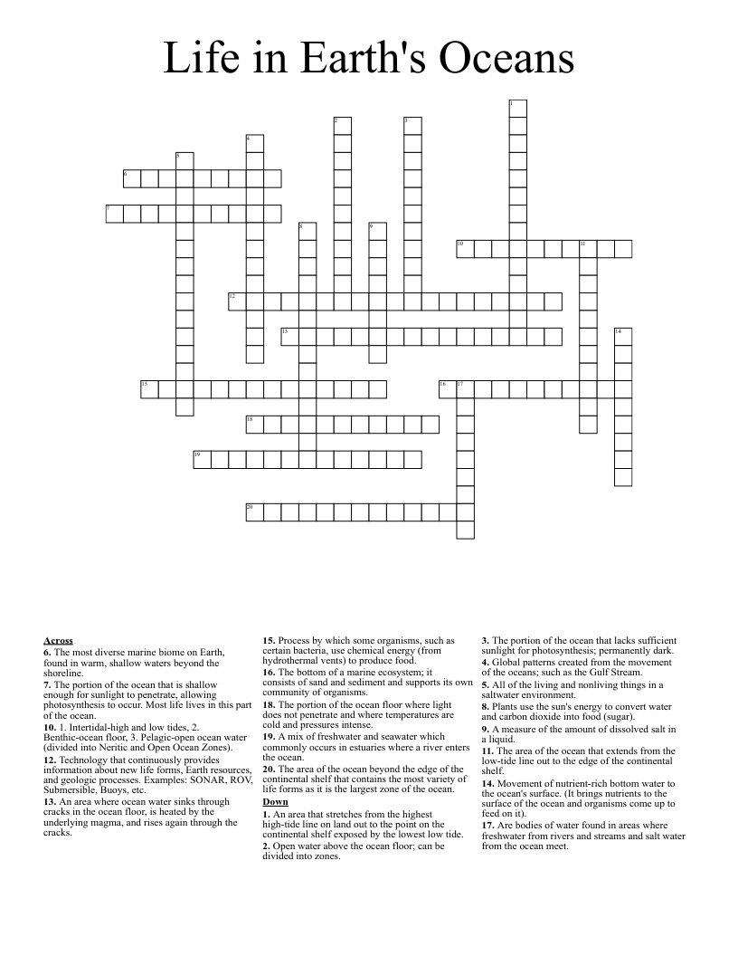 Life in Earth's Oceans Crossword