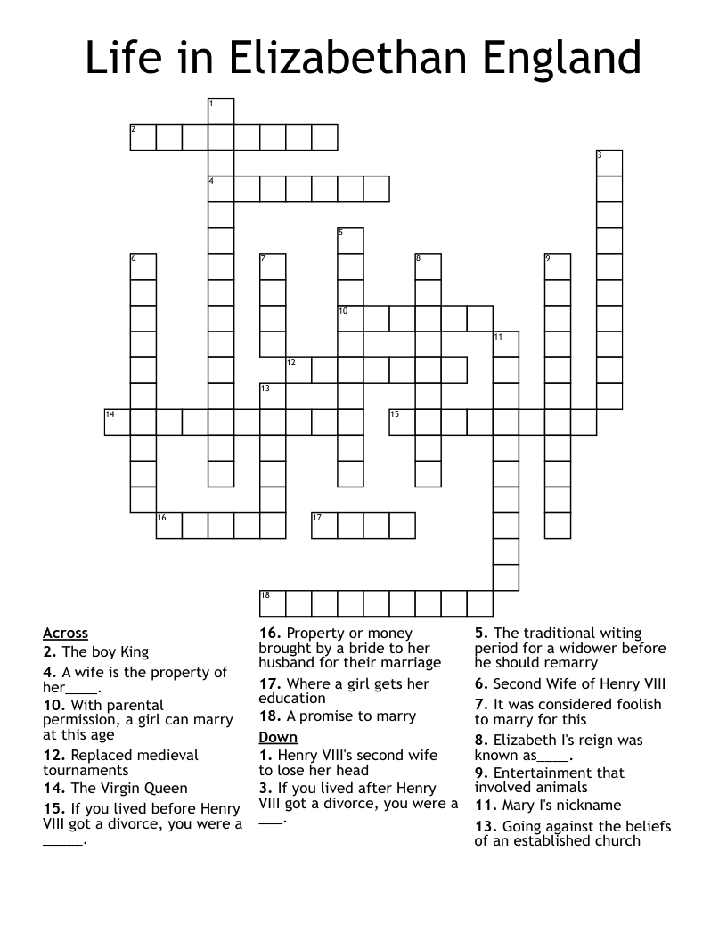 Life in Elizabethan England Crossword