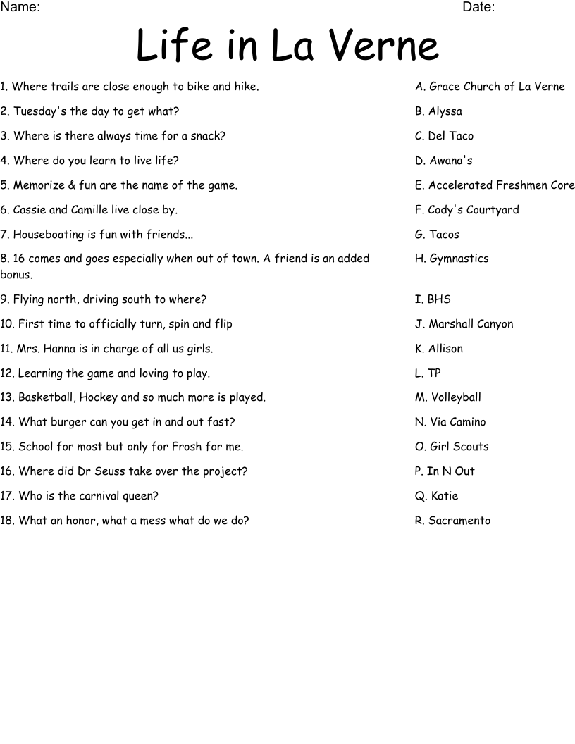 Life in La Verne Worksheet