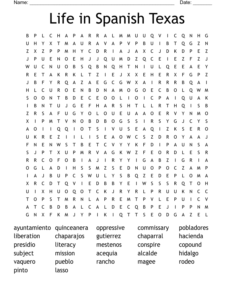 Life in Spanish Texas Word Search