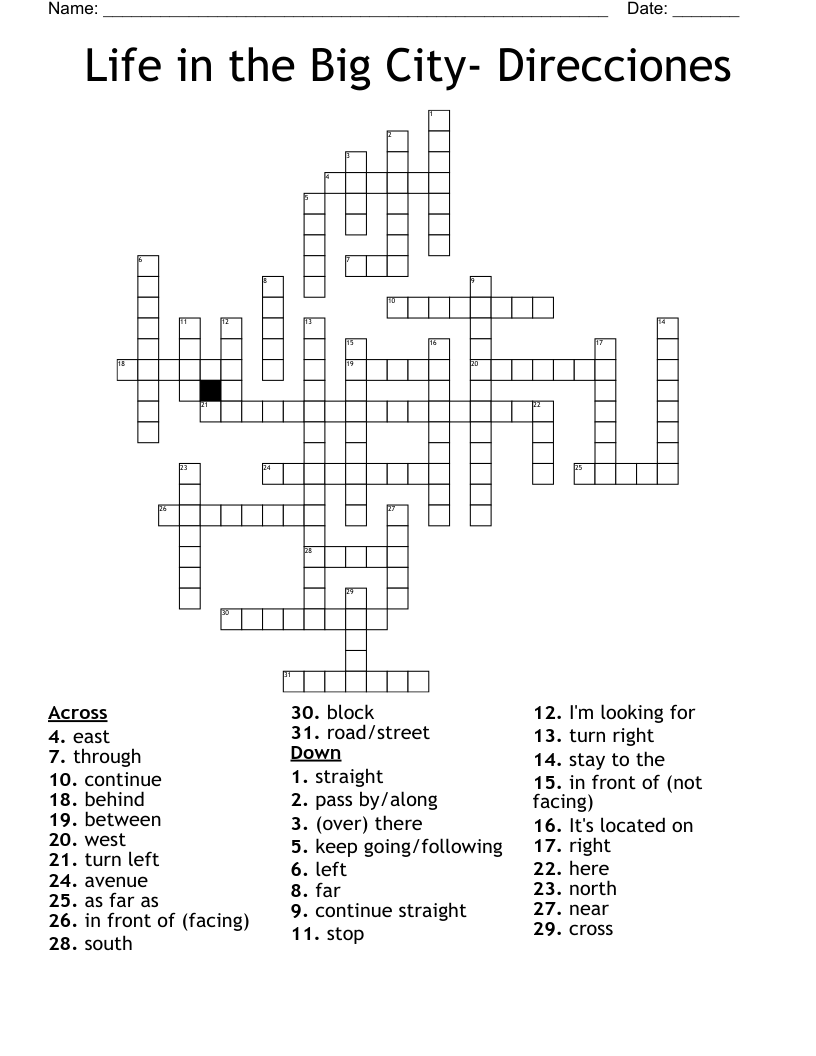 Life in the Big City- Direcciones Crossword