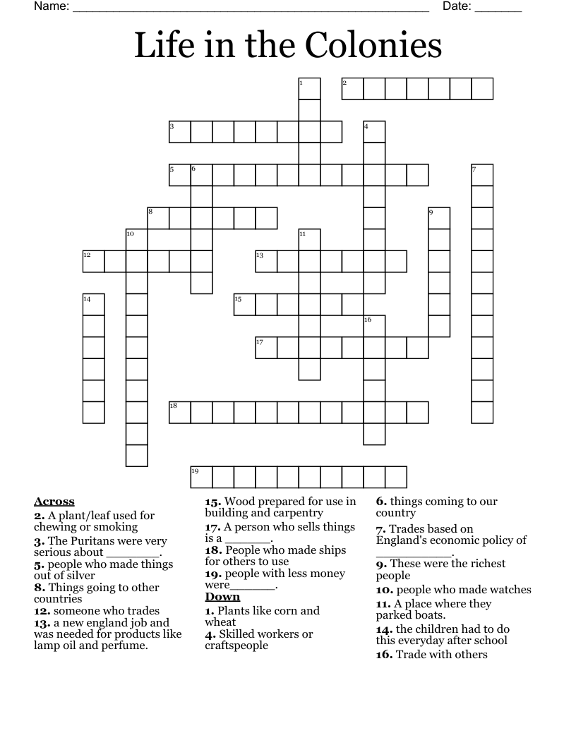 Life in the Colonies Crossword