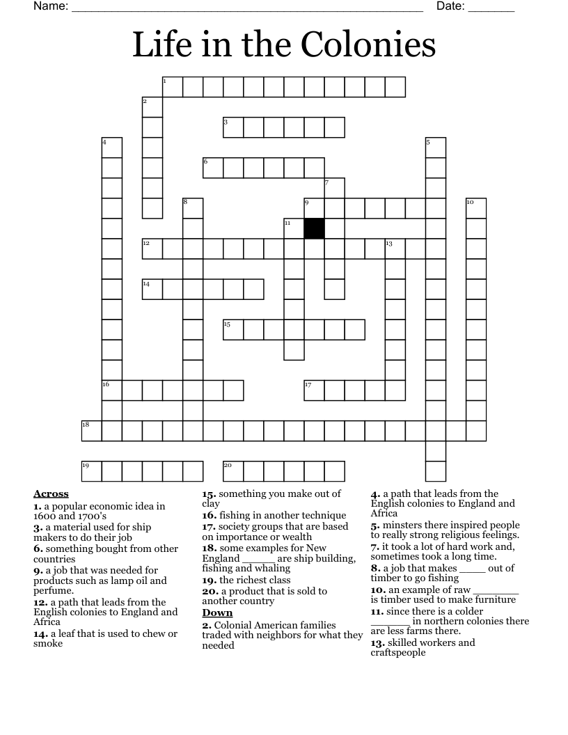 Life in the Colonies Crossword