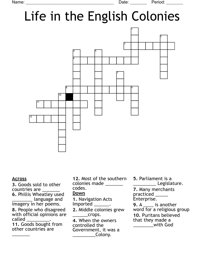 Life in the English Colonies Crossword