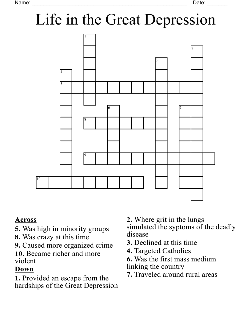 Life in the Great Depression Crossword