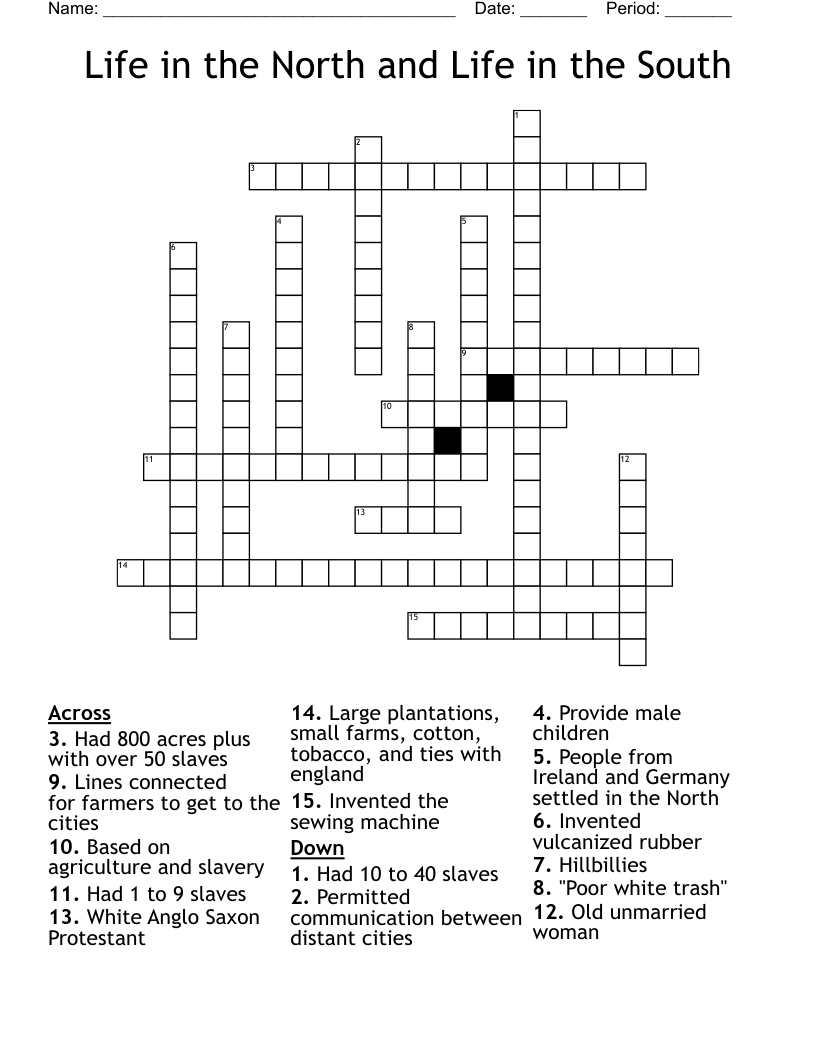 Life in the North and Life in the South Crossword