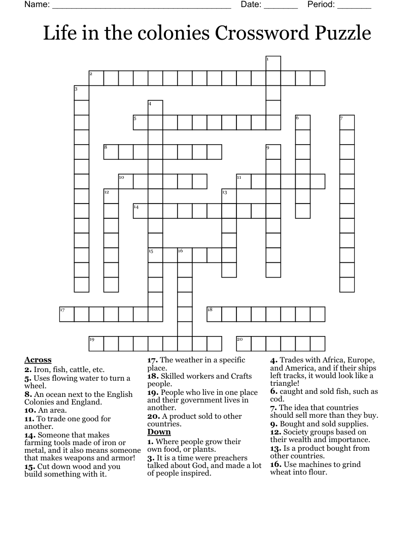 Life in the colonies Crossword Puzzle