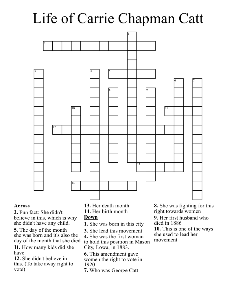 Life of Carrie Chapman Catt Crossword