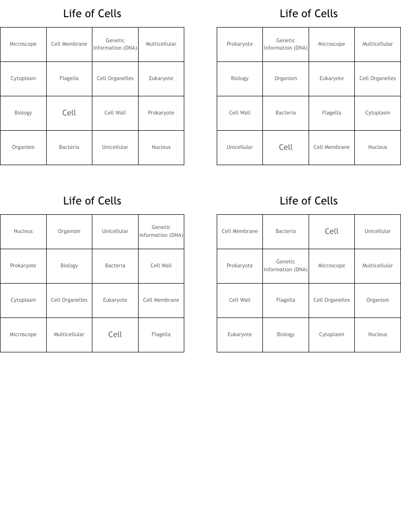 Life of Cells Bingo Cards