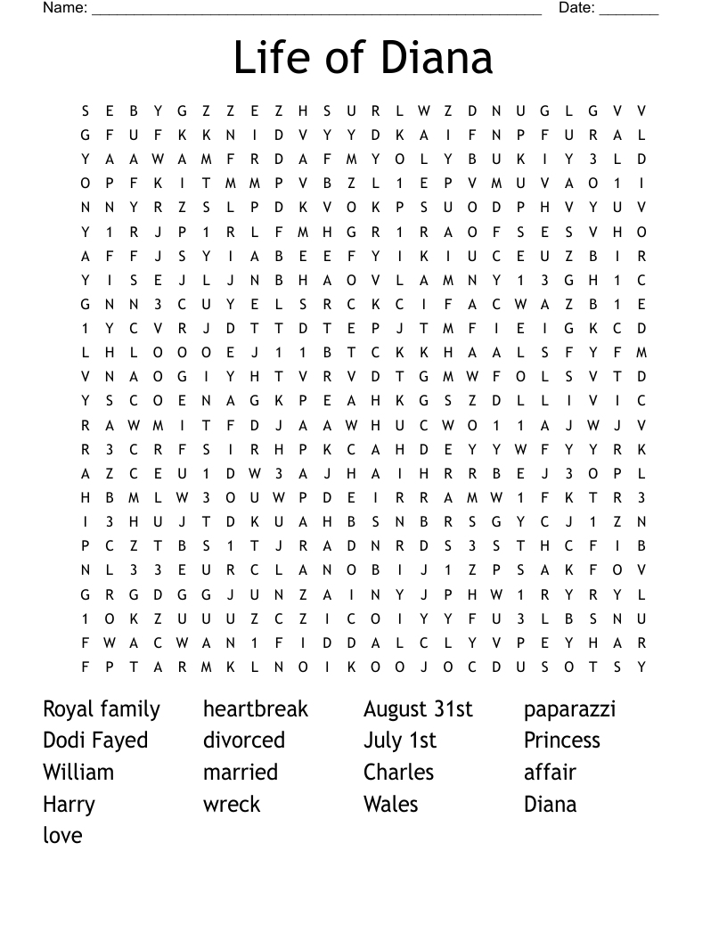 Life of Diana Word Search