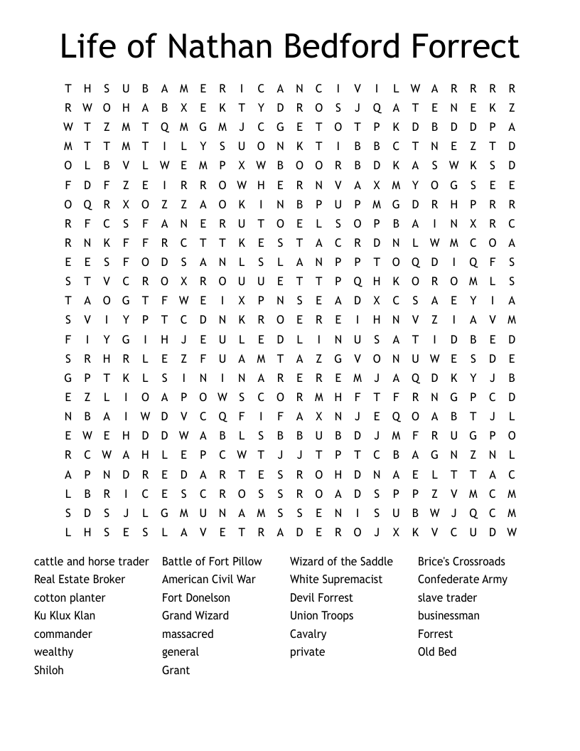 Life of Nathan Bedford Forrect Word Search
