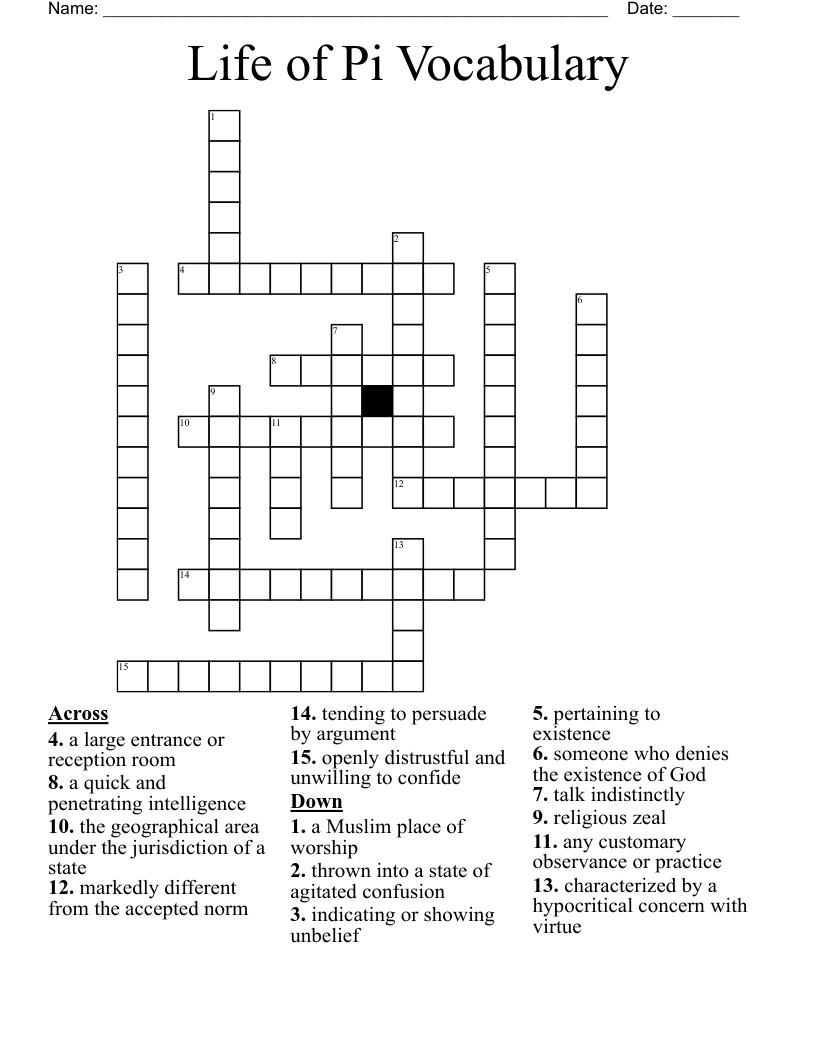 Life of Pi Vocabulary Crossword