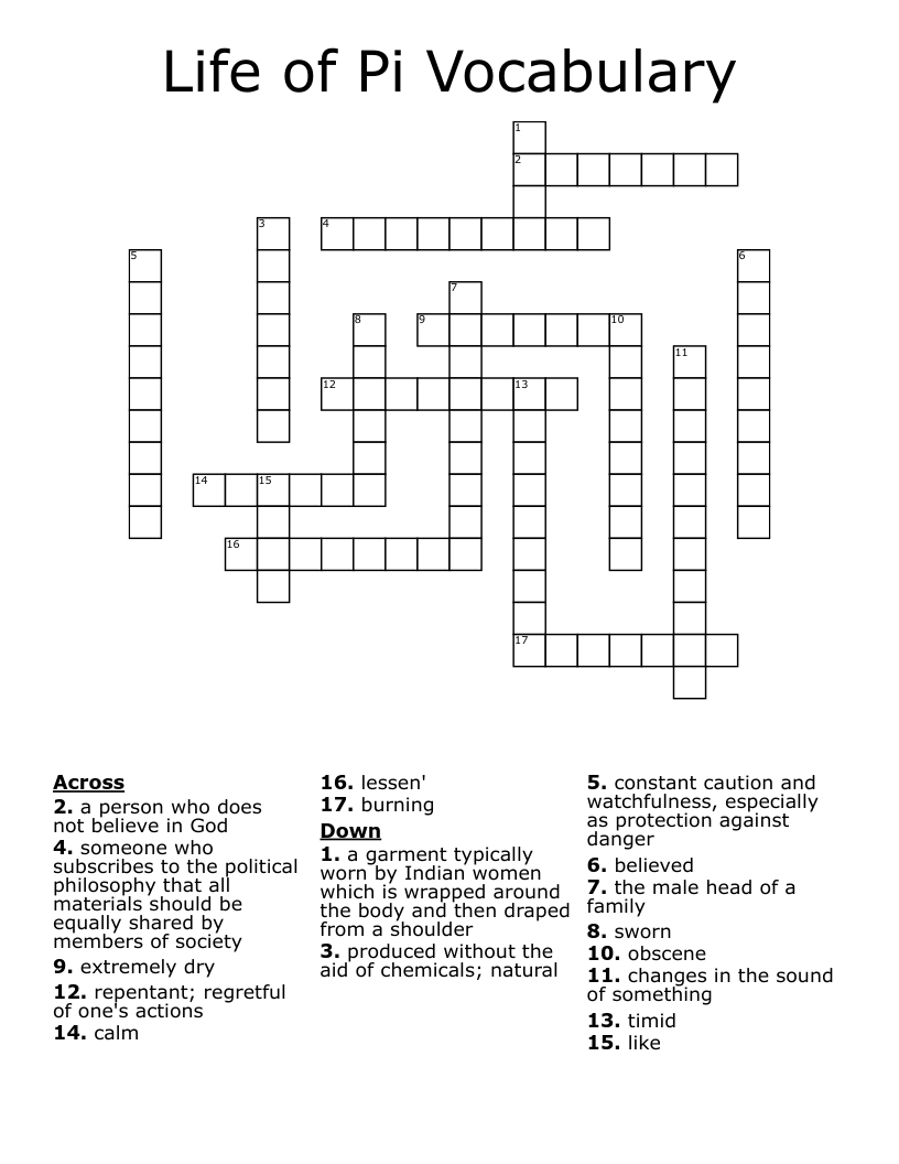 Life of Pi Vocabulary  Crossword