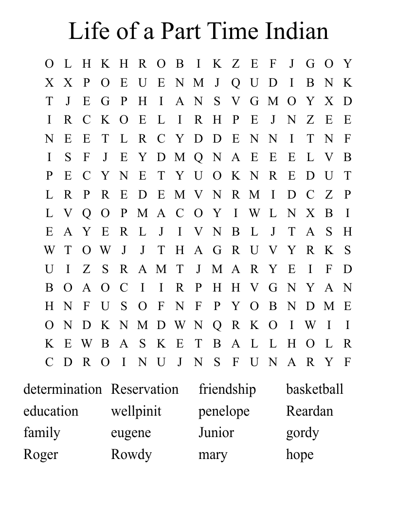 Life of a Part Time Indian Word Search