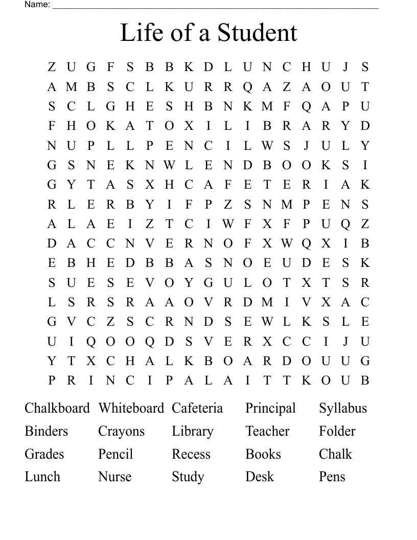 Life of a Student Word Search