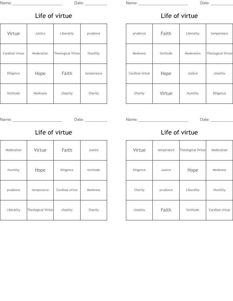 Life of virtue  Bingo Cards