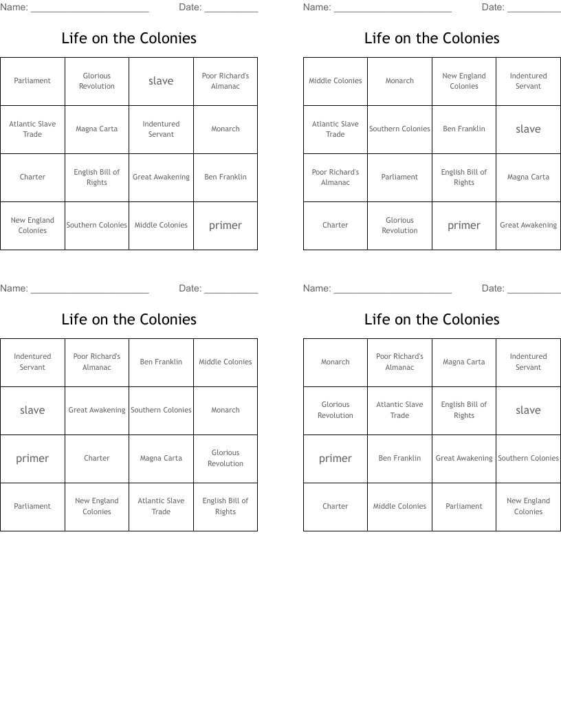 Life on the Colonies  Bingo Cards