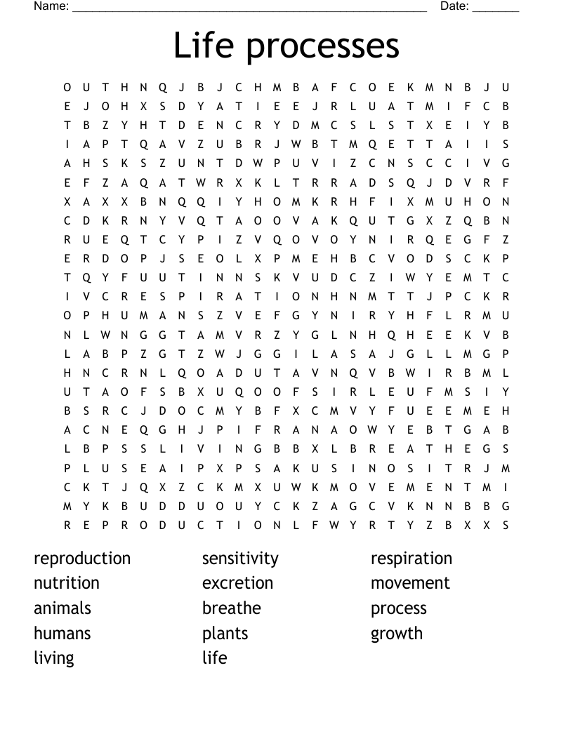 Life processes Word Search