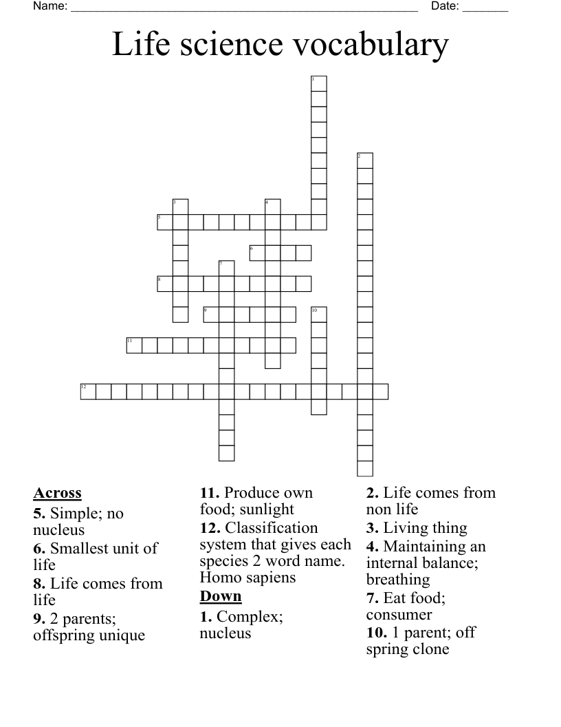 Life science vocabulary  Crossword