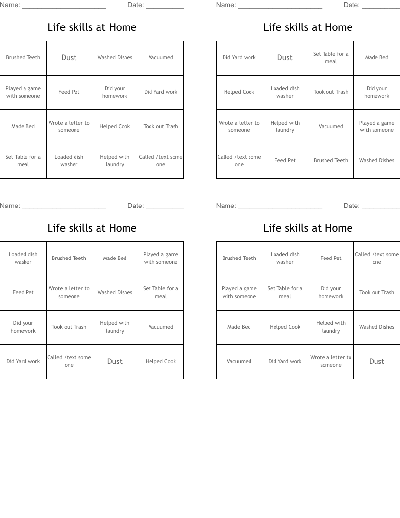 Life skills at Home Bingo Cards