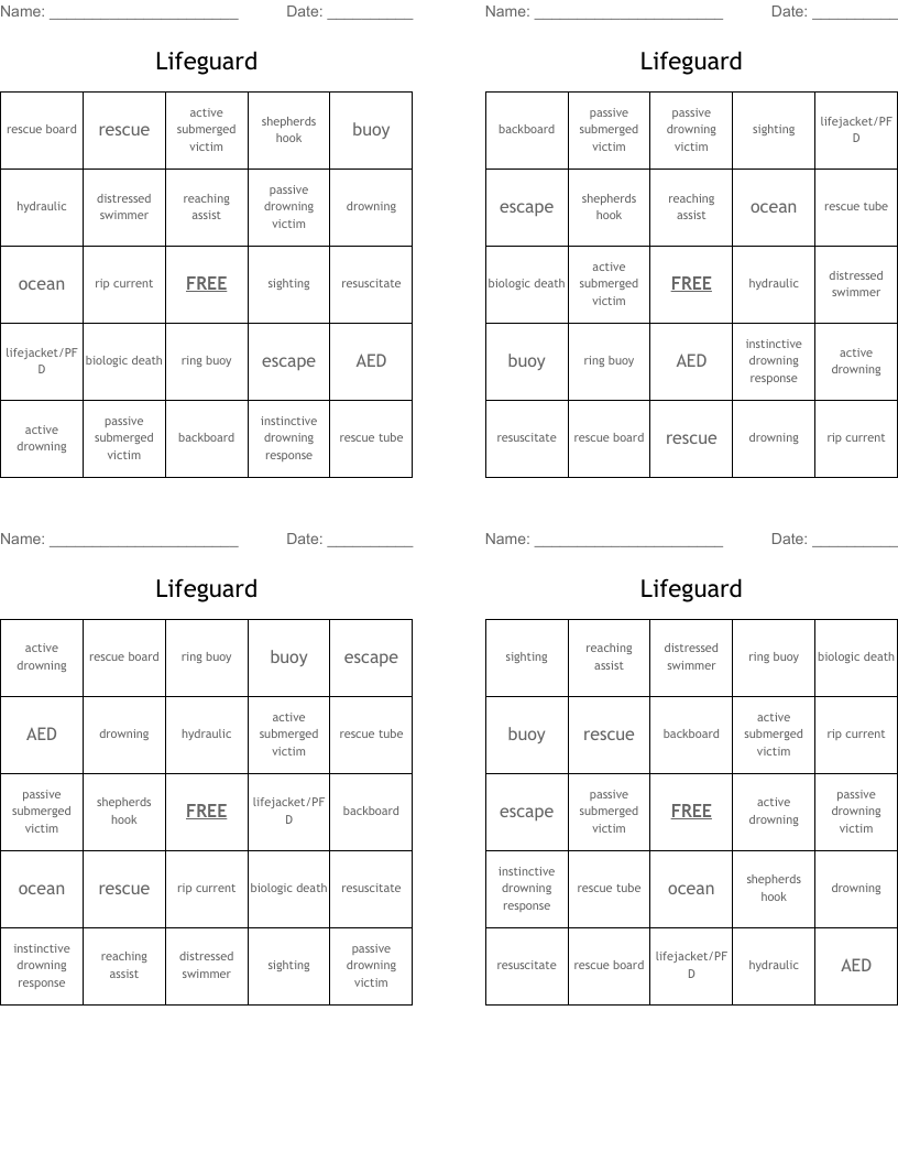 Lifeguard Bingo Cards