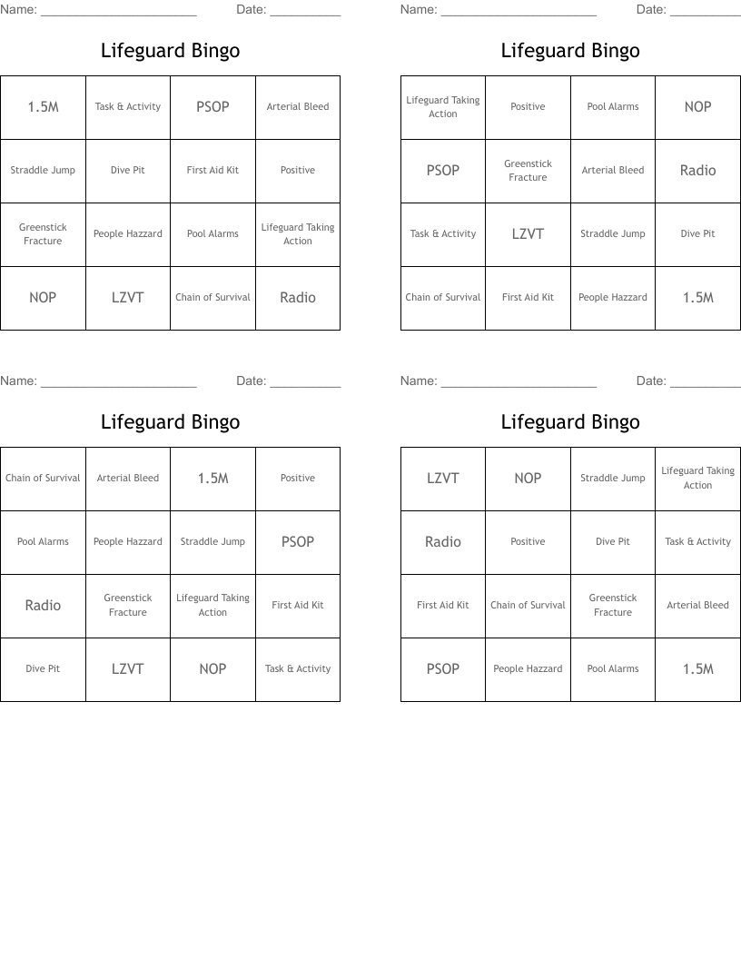 Lifeguard Bingo 