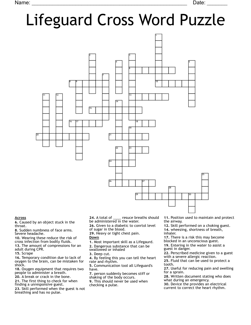 Lifeguard Cross Word Puzzle