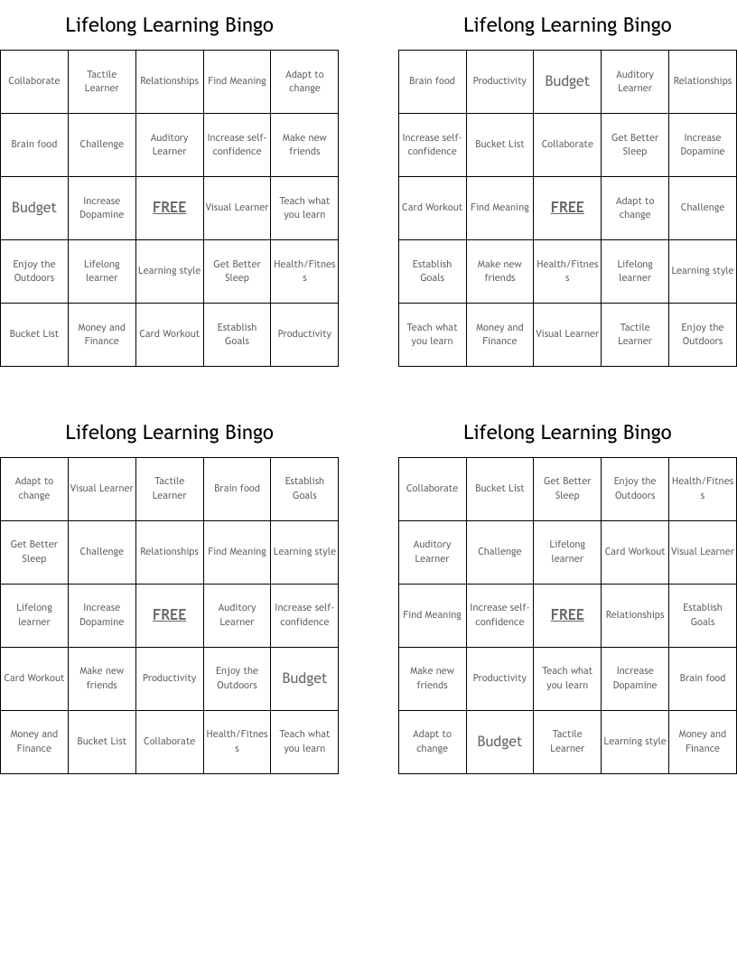 Lifelong Learning Bingo