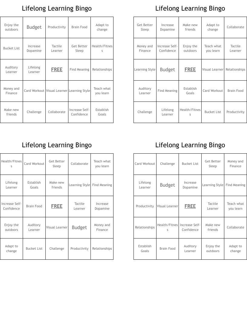 Lifelong Learning Bingo