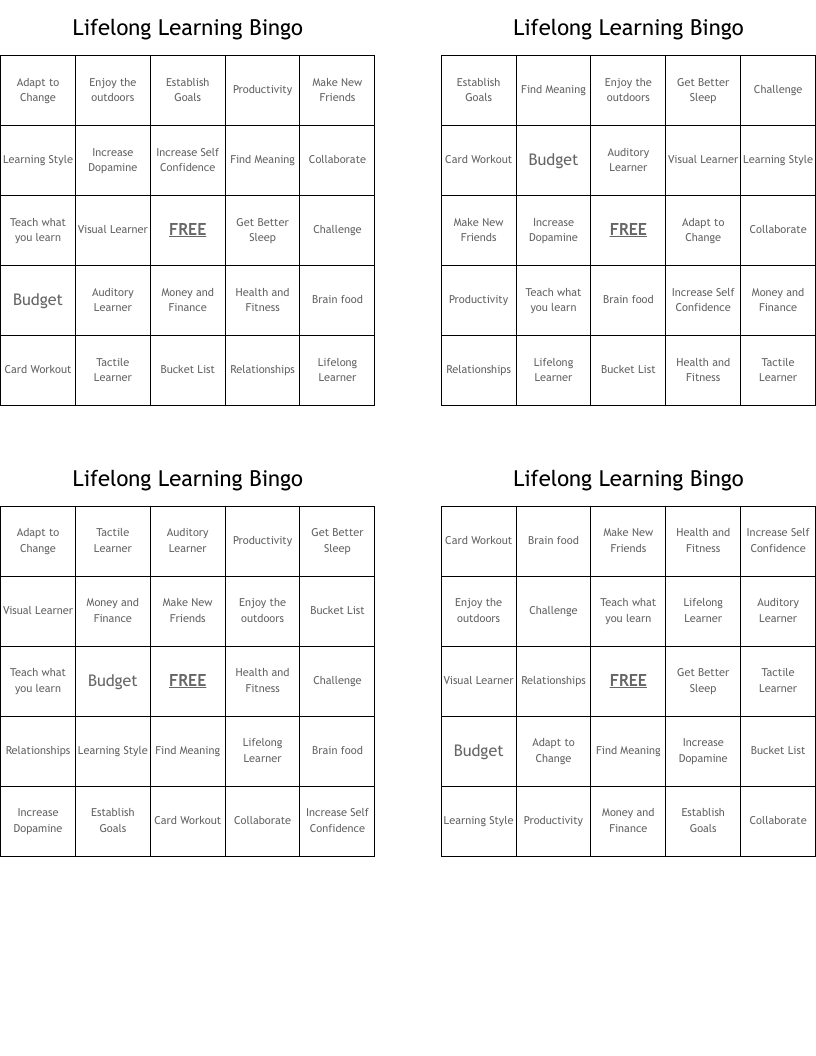 Lifelong Learning Bingo