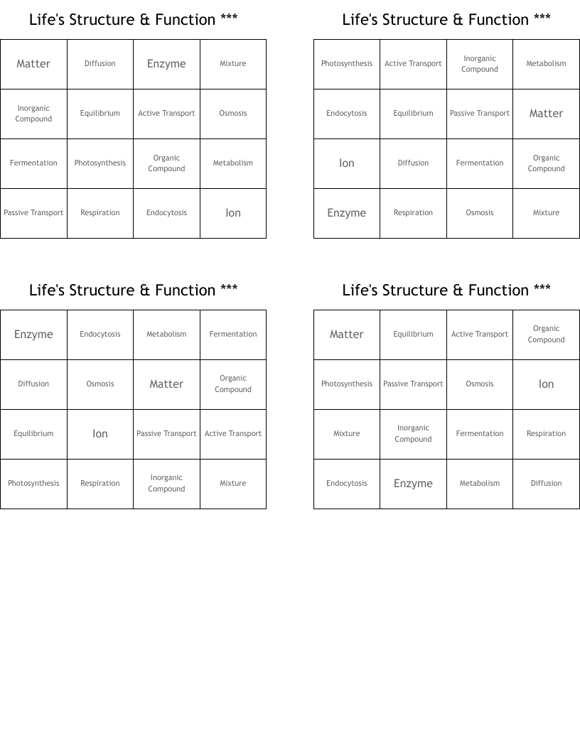 Life's Structure & Function *** Bingo Cards