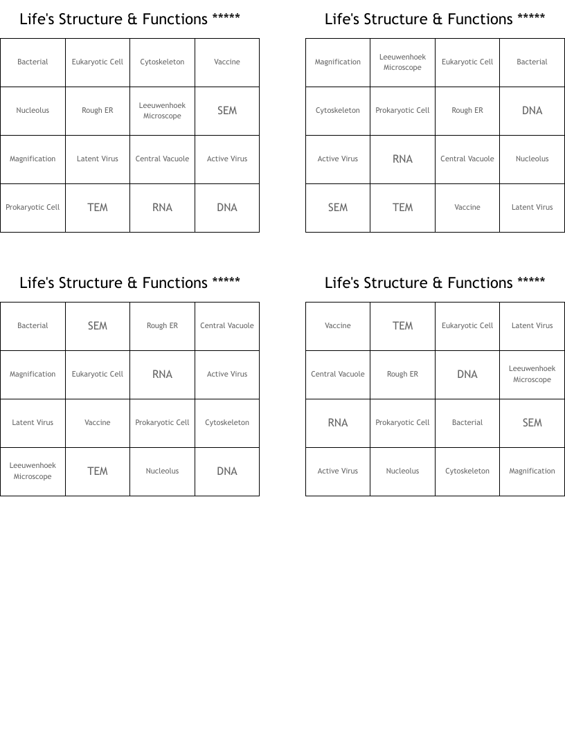 Life's Structure & Functions ***** Bingo Cards