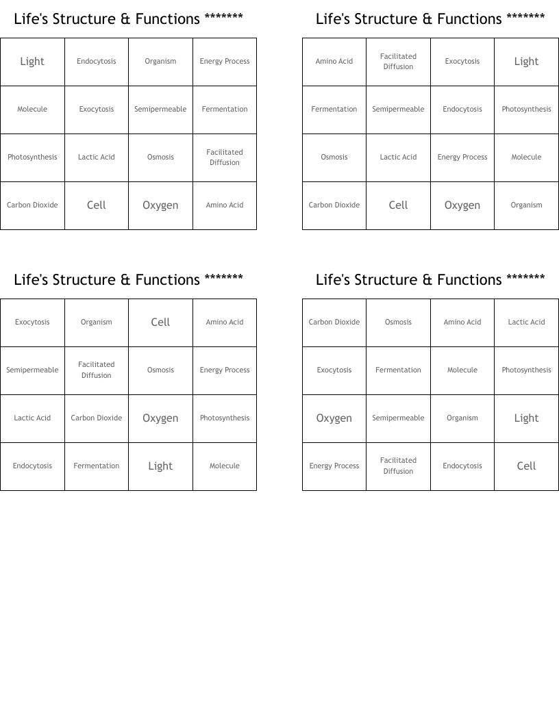Life's Structure & Functions ******* Bingo Cards
