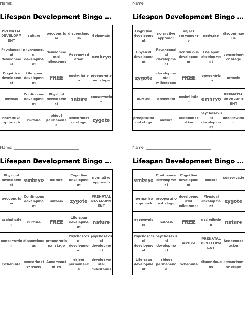 Lifespan Development Bingo Game