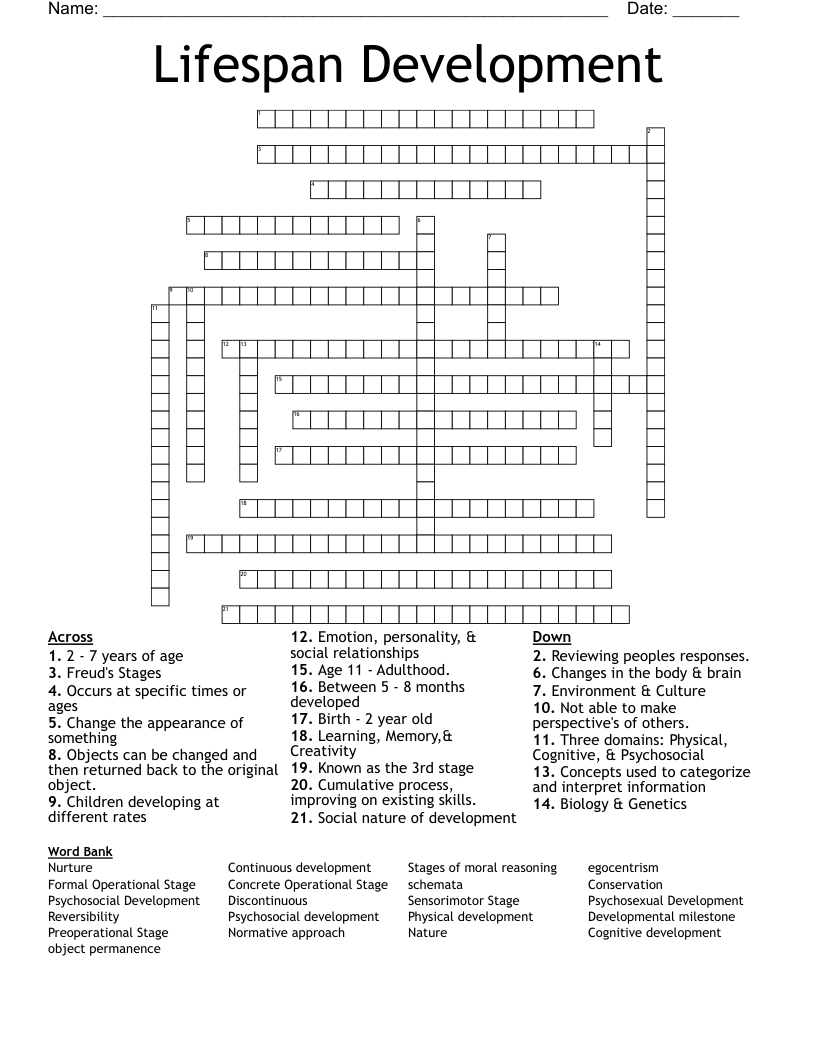 Lifespan Development  Crossword