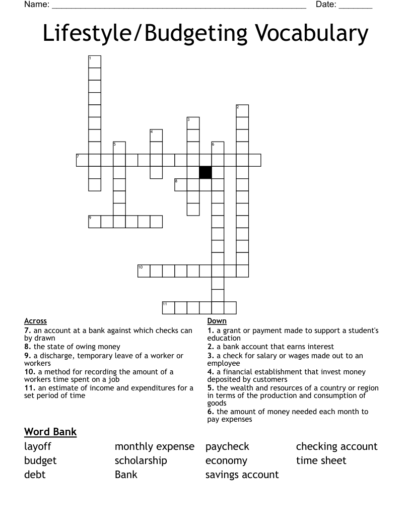 Lifestyle/Budgeting Vocabulary Crossword