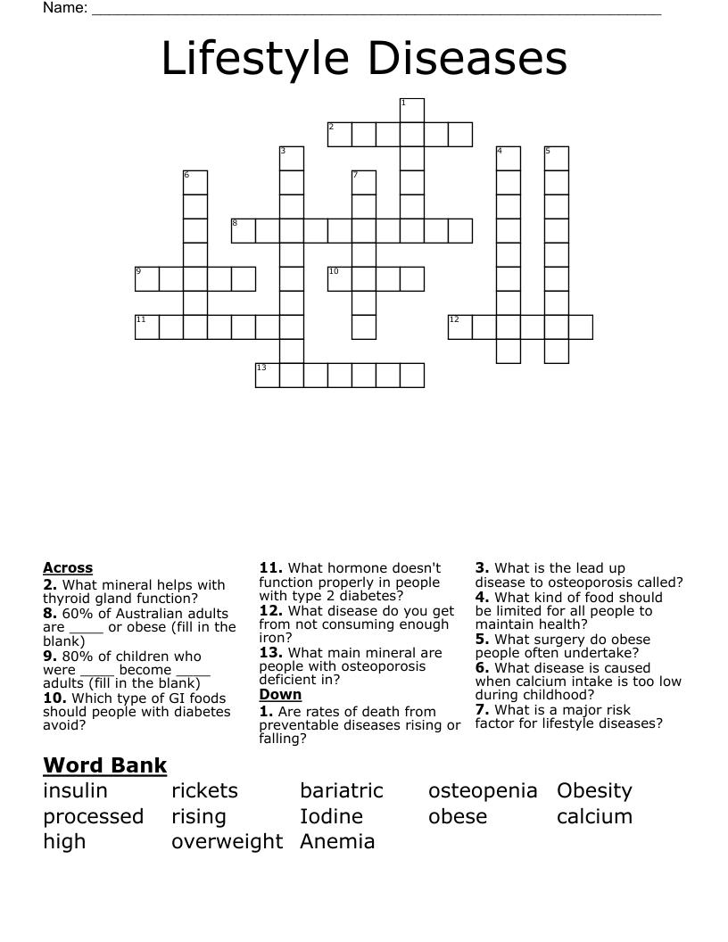 Lifestyle Diseases Crossword