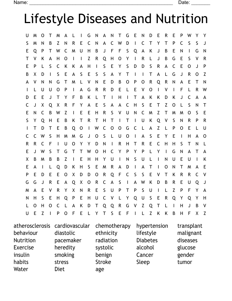 Lifestyle Diseases and Nutrition Word Search