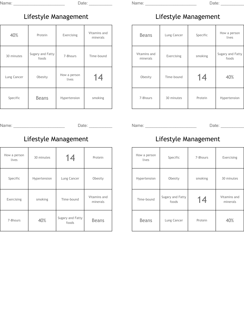 Lifestyle Management  Bingo Cards