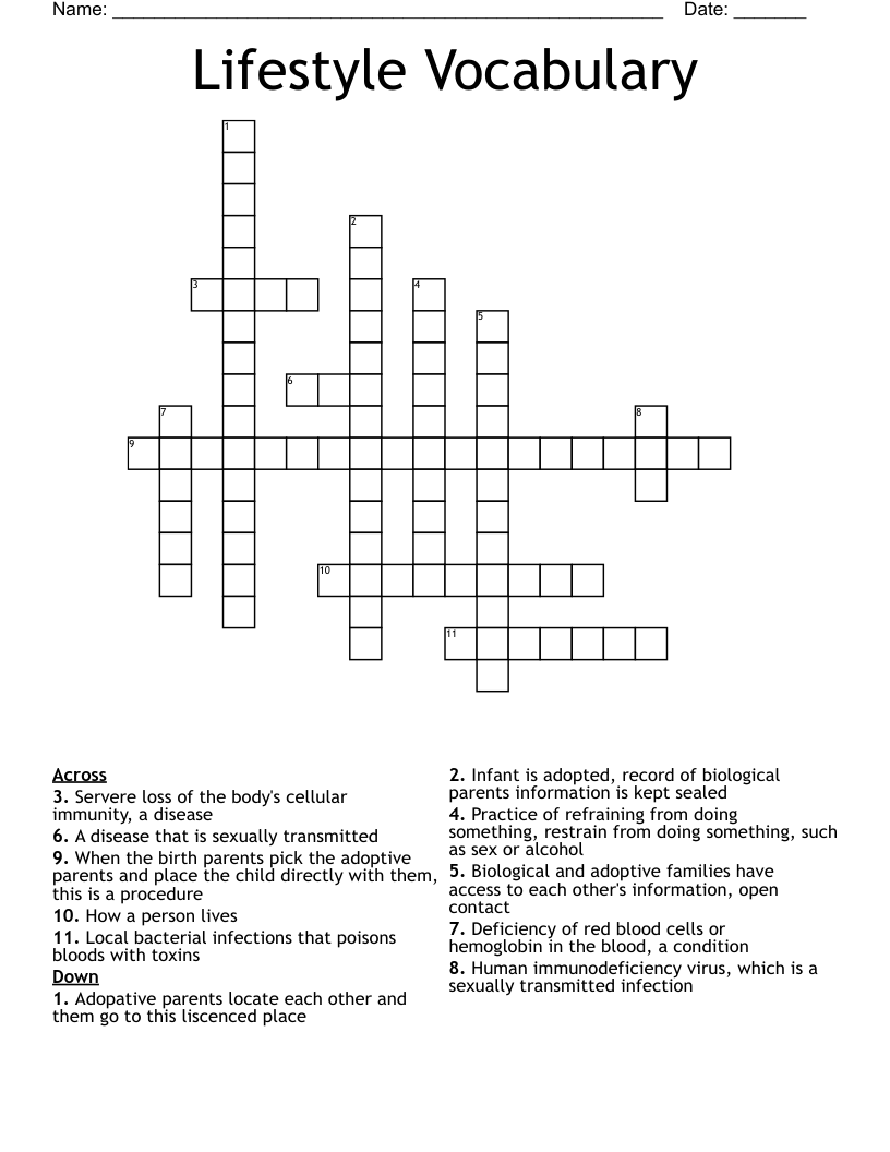 Lifestyle Vocabulary Crossword