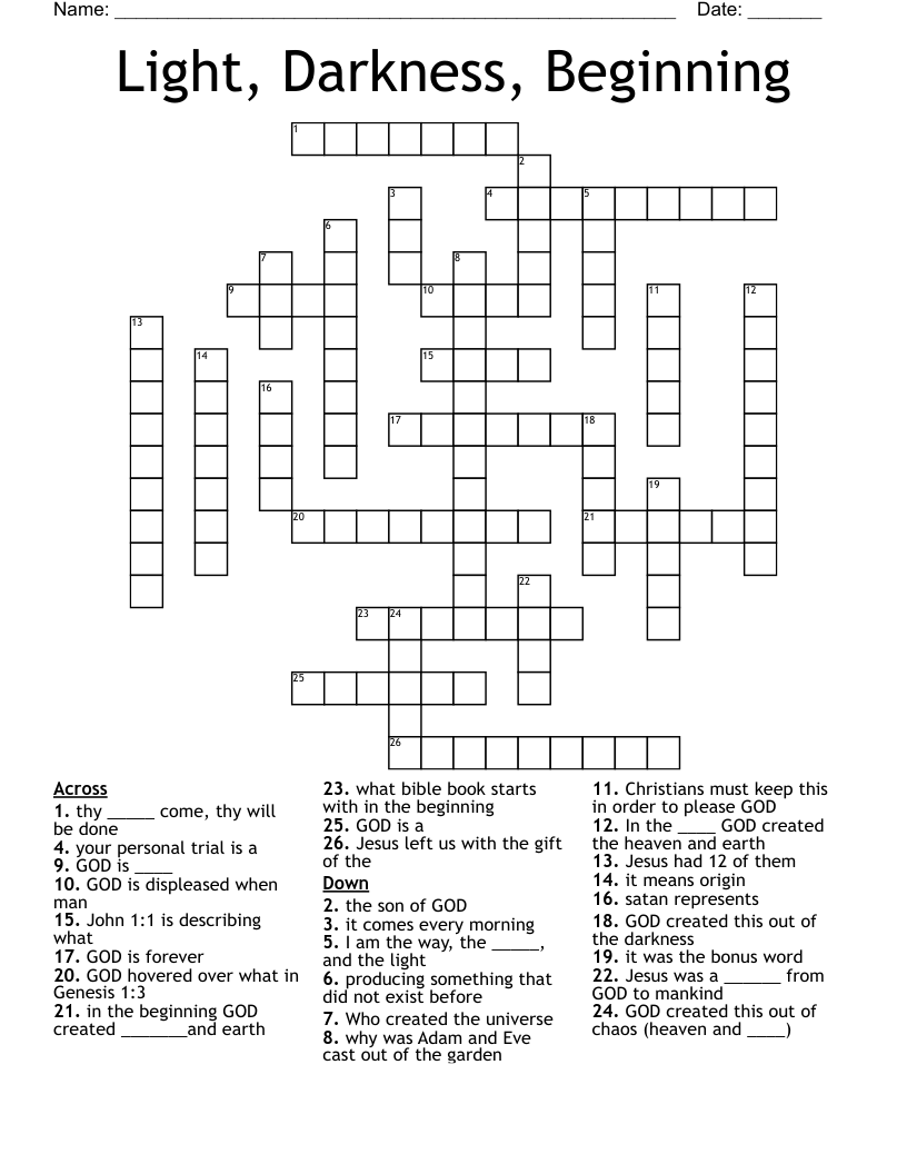 Light, Darkness, Beginning Crossword