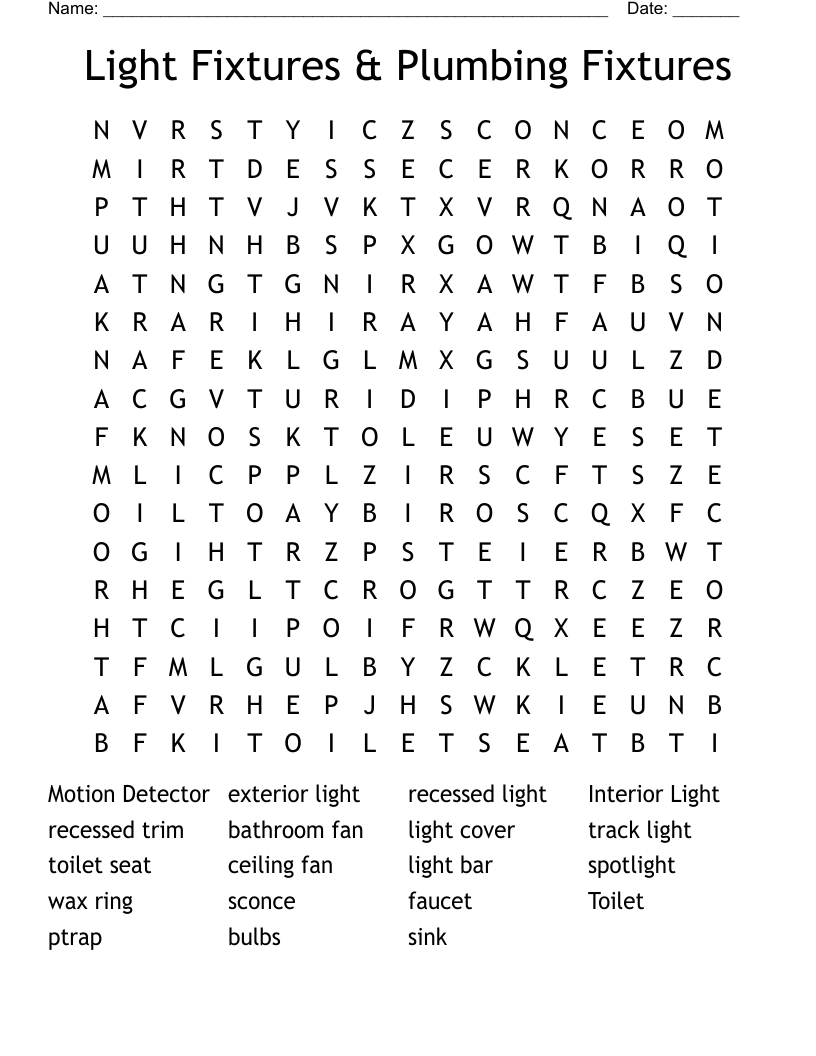 Light Fixtures & Plumbing Fixtures Word Search