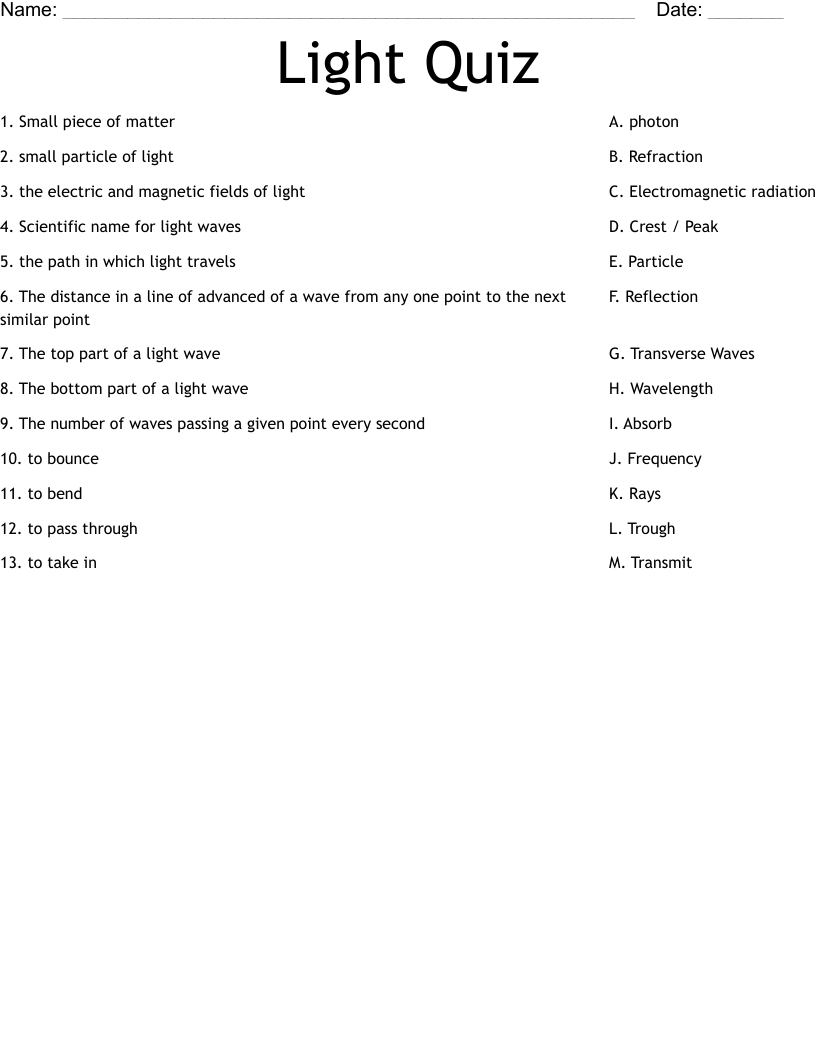 Light Quiz Worksheet