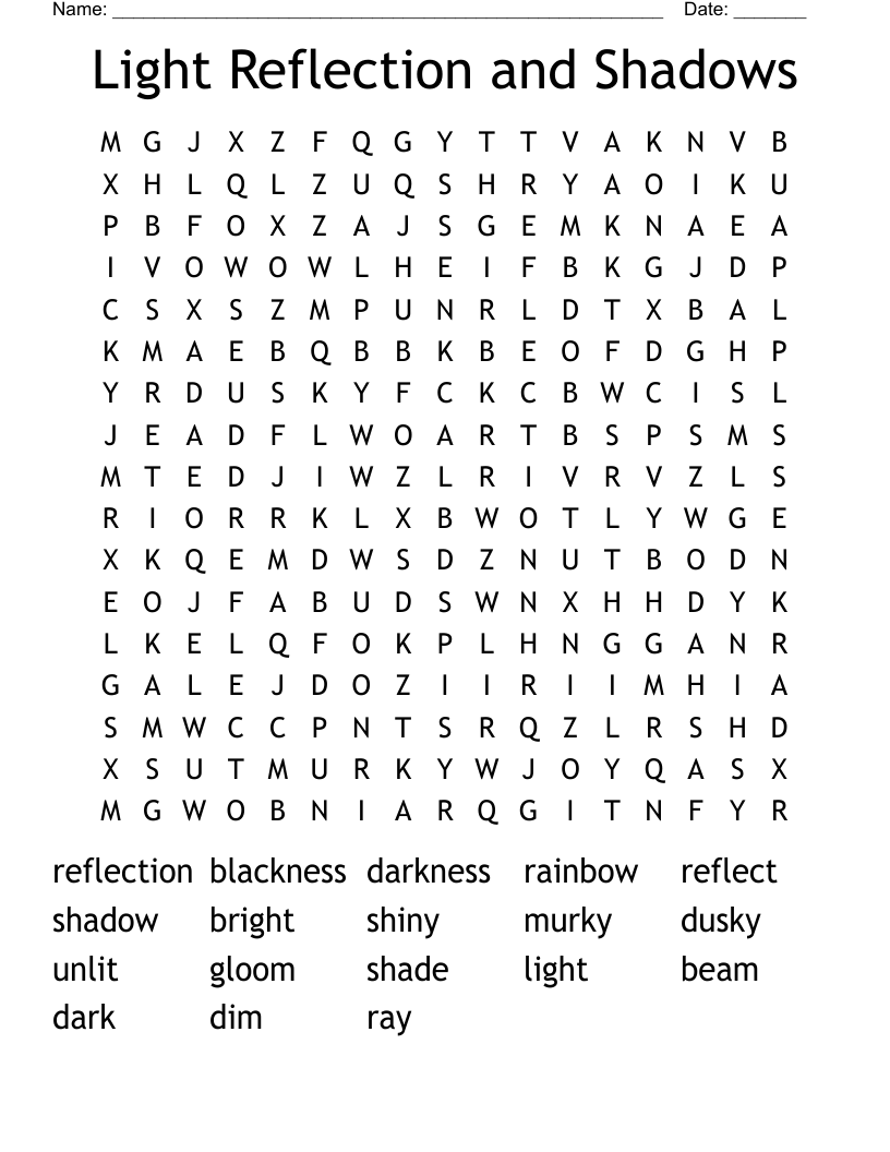 Light Reflection and Shadows Word Search