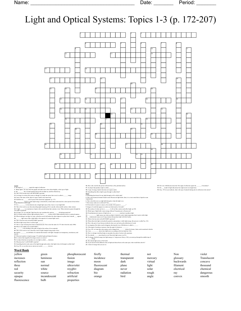 Light and Optical Systems: Topics 1-3 (p. 172-207) Crossword