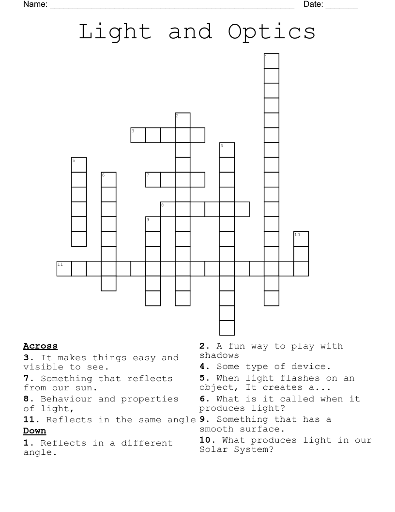 Light and Optics Crossword