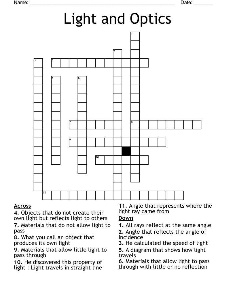 Light and Optics Crossword