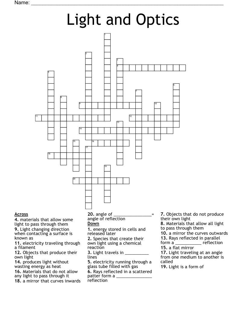 Light and Optics  Crossword